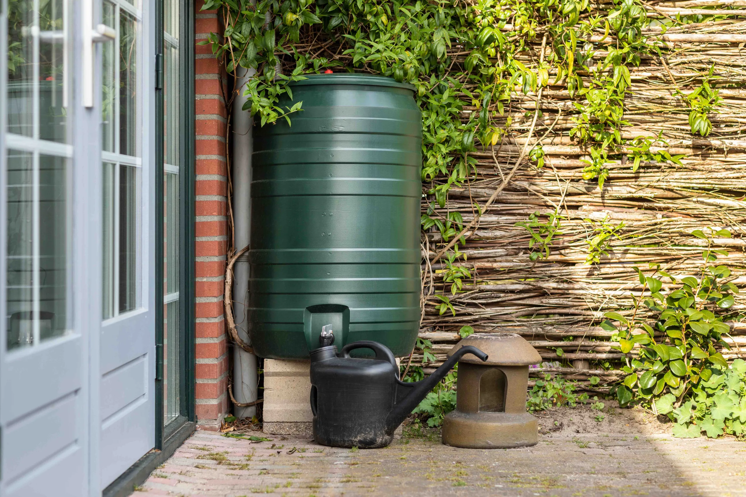 Een groene regenton staat aangesloten aan een regenpijp, in een stadse tuin