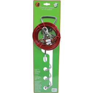 Honden Camping Set 6 Meter met Wartel voor Bevestiging in Grond en Staalkabel van Zes Meter. Stalen kabel met rubber beschermlaag in de kleur rood en glanzend wartel of draaipen