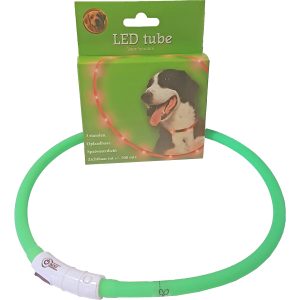 Lichtgevende Hondenhalsband Groene LED Lampjes LED Tube zichtbaarheid tot 500m Aanpasbaar en Waterbestendig. USB oplaadbaar.