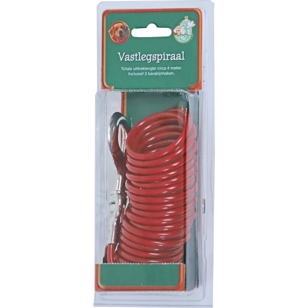 Vastlegspiraal met Twee Musketonhaken Met Bijtvast Touw. Rood gekleurd. Afbeelding met product in verpakking.