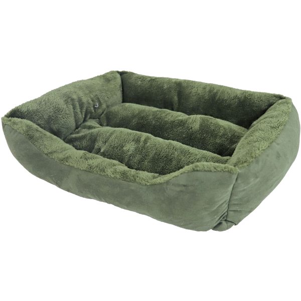 Donkergroen fluwelen divan huisdierenbed van 50x40 cm met opstaande randen, ideaal voor huisdieren die behoefte hebben aan een veilige en comfortabele rustplek.