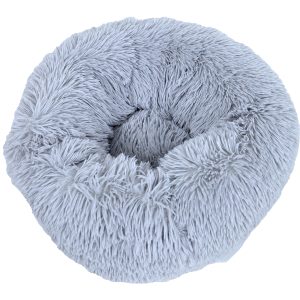 Luxe lichtgrijze donut huisdierenbed van 50 cm, gemaakt van harige pluche stof voor maximaal comfort en warmte, ideaal voor dutjes.