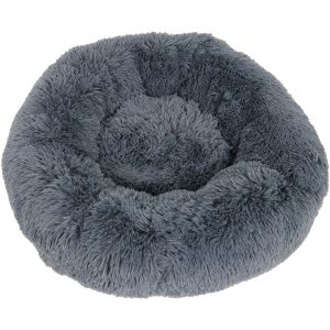 Een ronde, donutvormige, donker grijze superzachte pluche huisdierenmand met langharig faux-fur, ideaal voor katten of kleine honden die graag opgerold slapen.