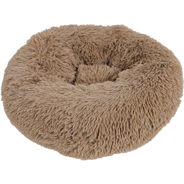 Een ronde, donutvormige, Bruin kleurig, superzachte pluche huisdierenmand met langharig faux-fur, ideaal voor katten of kleine honden die graag opgerold slapen.