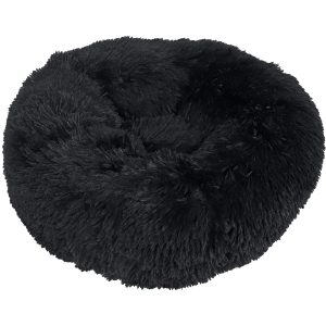 Een ronde, donutvormige, Zwarte superzachte pluche huisdierenmand met langharig faux-fur, ideaal voor katten of kleine honden die graag opgerold slapen.