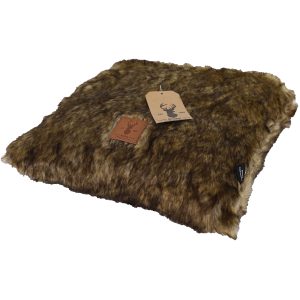 Luxe Boony huisdierenkussen in beren vacht bruin faux fur, maat 37x37cm, grijs met sierlijk label, ideaal voor comfort en stijl. Voor katten en honden, passend bij Rotan mand