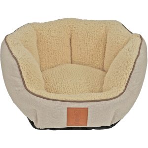 Kattenmand met Faux Sherpa beige teddy binnenkant. Grijze buitenkant met embleem van leer en zwarte anti-slip onderkant