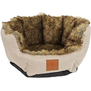 Boony Est. 1941 Highland Kattenmand Faux fur Binnenkant van bruine kleur Trendy Design met beige buitenkant Antislip-Bodem Kattencomfort 40 cm. Gedecoreerd met lederen embleem