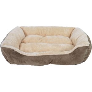 Beige en bruine divan huisdierenbed van 50x40 cm met opstaande randen, ideaal voor huisdieren die behoefte hebben aan een veilige en comfortabele rustplek.