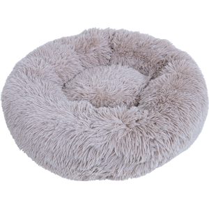 Een ronde, taupekleurige, superzachte donutvormige honden- of kattenmand met een diameter van 65 cm, bekend als De Boon Donut Supersoft Taupe