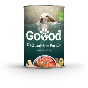 Foto van verpakking van product GOOOD natvoer. Een blik met een foto van een hond die zwemt en plaatje van forellen vlees, met het logo van GOOD en de inhoud van 400 gram