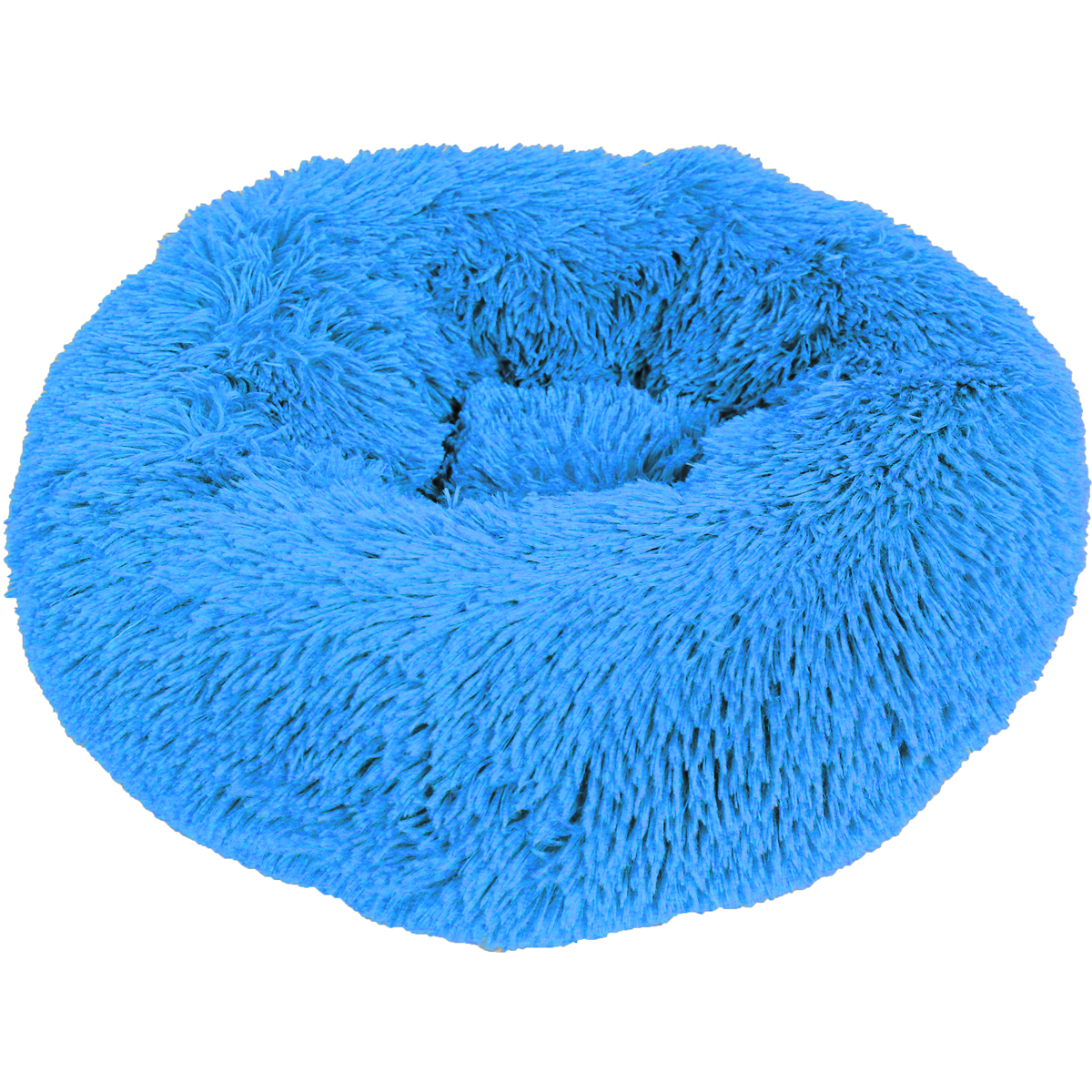 Een ronde, blauwkleurige, superzachte donutvormige kattenmand met een diameter van 50 cm, bekend als De Boon Donut Supersoft blauw.