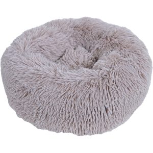 Een ronde, taupekleurige, superzachte donutvormige honden- of kattenmand met een diameter van 50 cm, bekend als De Boon Donut Supersoft Taupe.