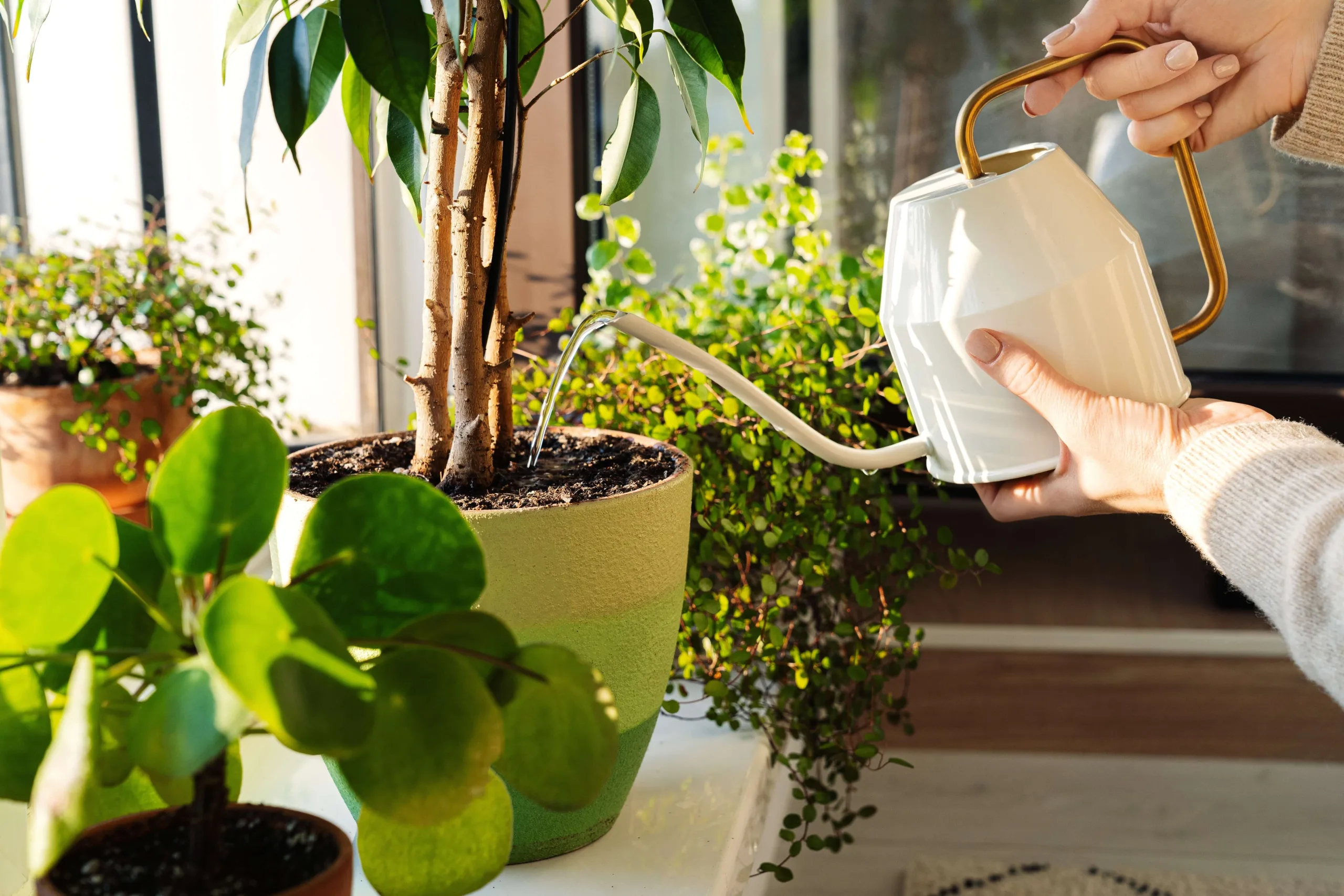 Iemand geeft met een witte gieter een kamerplant water