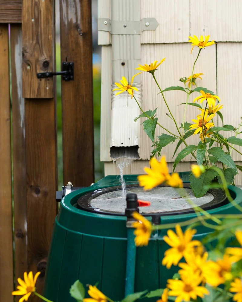 Water loopt vanuit een regenpijp in een regenton. Daarachter is een muur te zien, en er omheen groeien gele bloemen