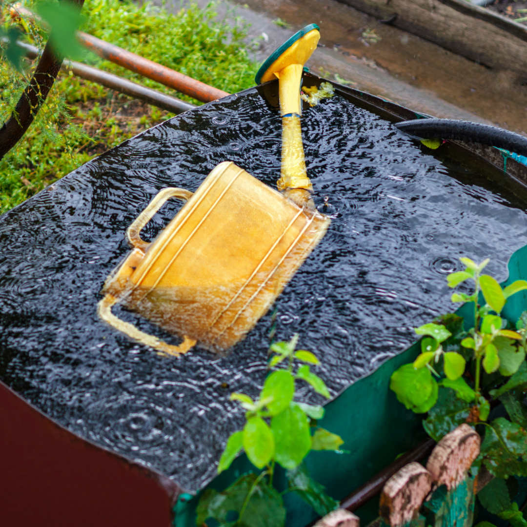 Een gele gieter ligt in een grote bak water