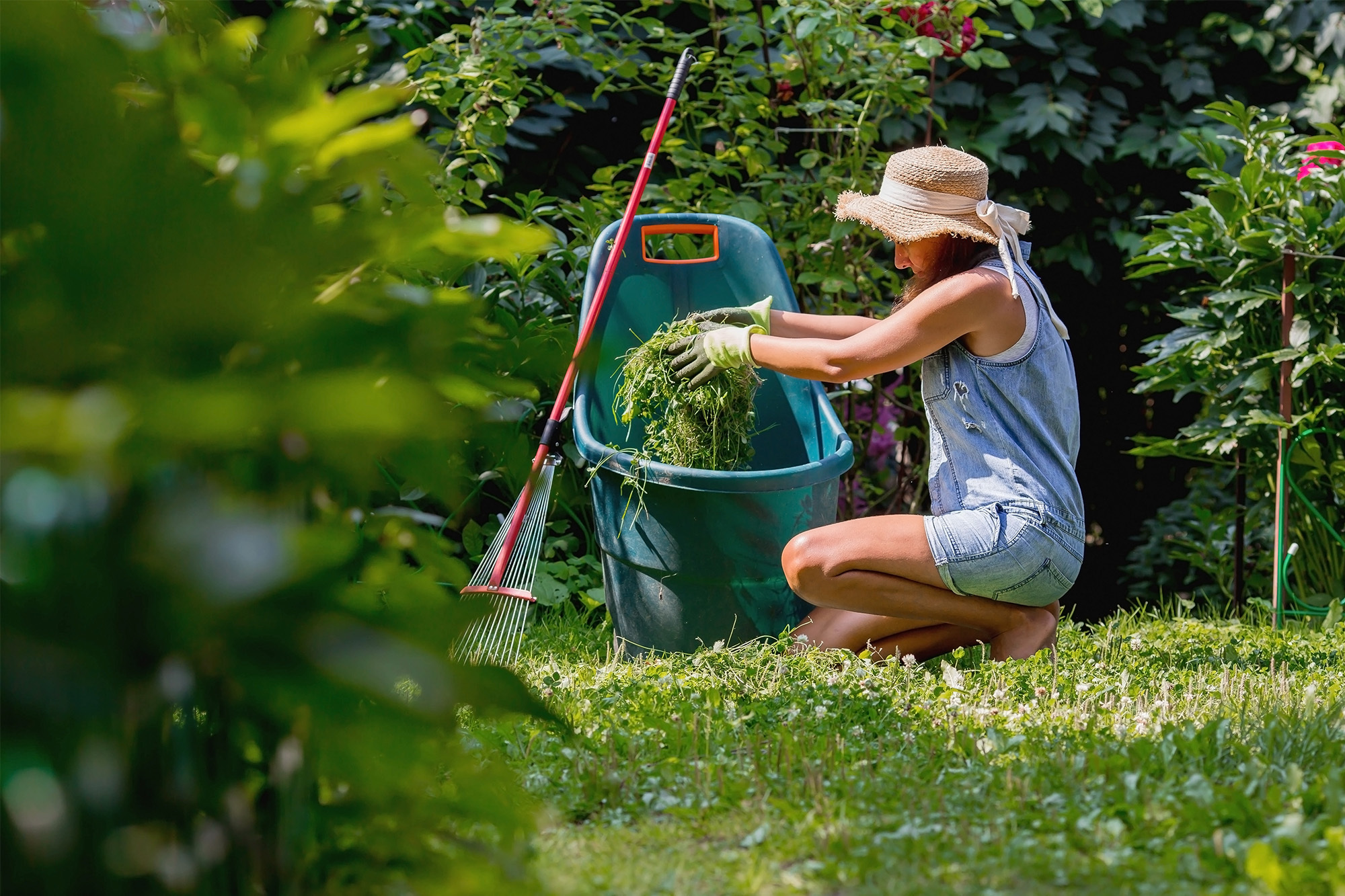 Een persoon is bezig met het maaien van een gazon in een goed onderhouden tuin. Ze gebruiken een grasmaaier om het gras netjes kort te houden. Op de achtergrond zijn verschillende planten, struiken en bomen te zien die de tuin een groene en verzorgde uitstraling geven. De zon schijnt helder en zorgt voor een levendige en aangename sfeer in de tuin.