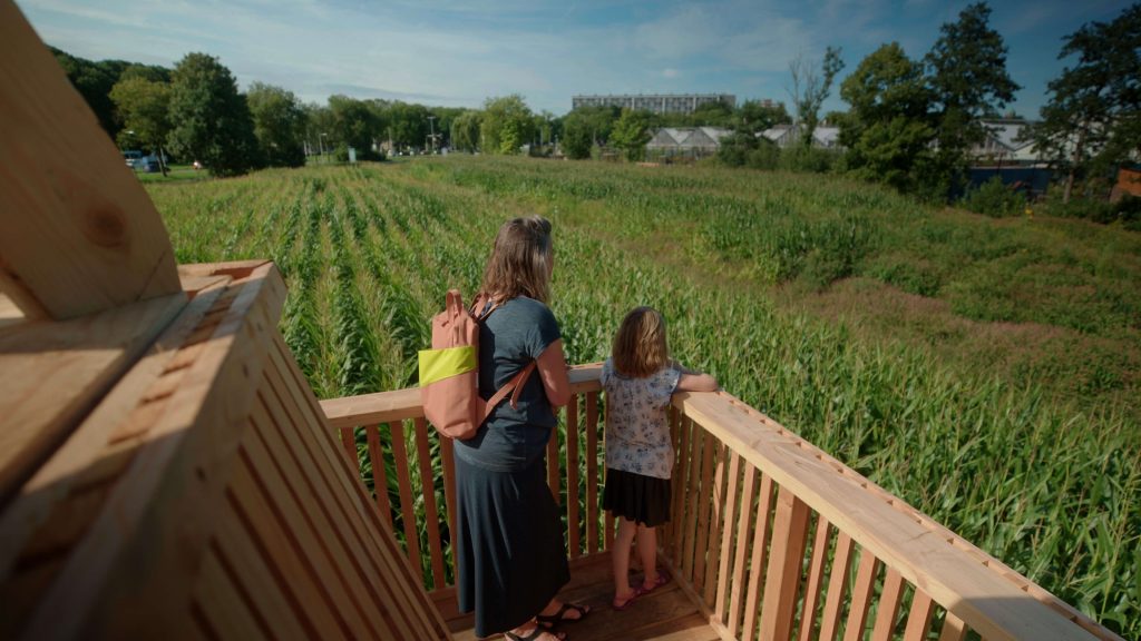 Vanaf de uitkijktoren in het Maisdoolhof kijken een moeder en dochter uit over het buitenterrein van Steck, met in beeld onder andere het maisdoolhof en tuincafé Noordertuin