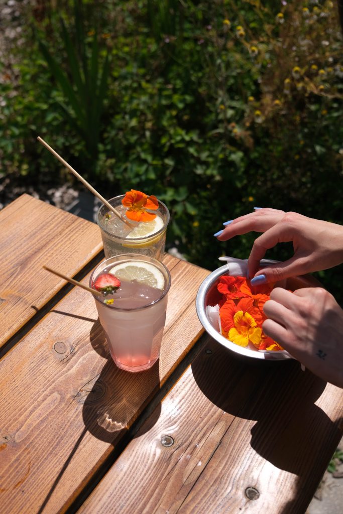 Een zonnige tafelscène met twee glazen verfrissende limonade, elk versierd met een schijfje citroen en een eetbare bloem. De ene limonade heeft een lichte roze tint en is gegarneerd met een aardbei, terwijl de andere helder is met een feloranje bloem. Naast de drankjes staat een kom met kleurrijke eetbare bloemen, waar een hand net een bloem uit pakt om toe te voegen aan de drankjes. De houten tafel en het groen op de achtergrond geven een natuurlijke en ontspannen sfeer weer, perfect voor een zomerse pauze.