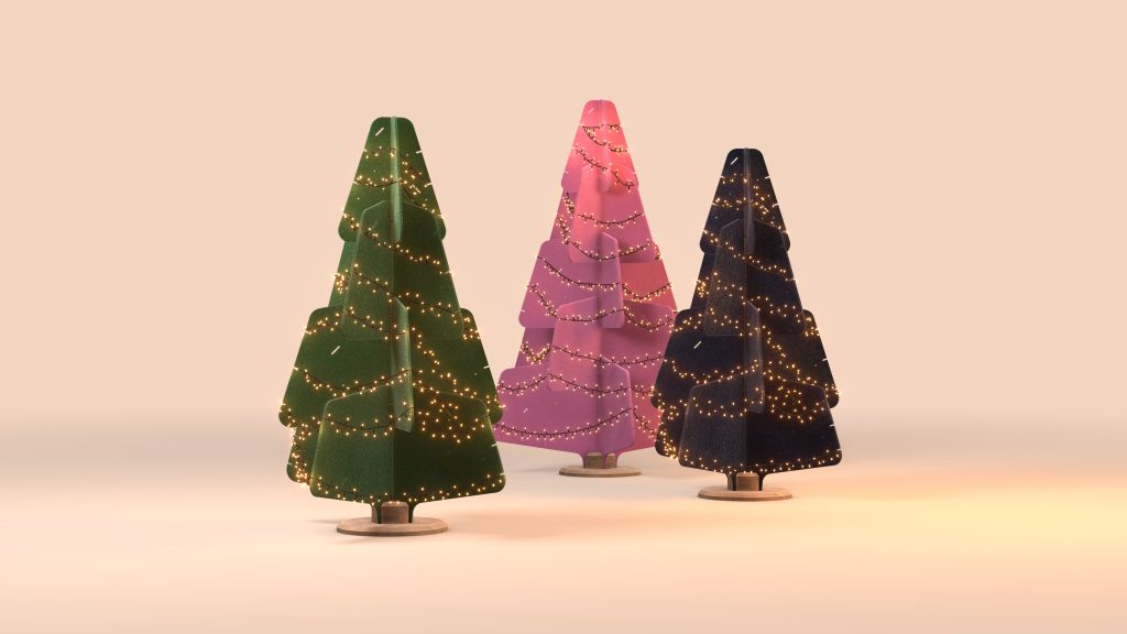 JingleTree 2024 - green M + fuchsia L + darkblue M - met licht